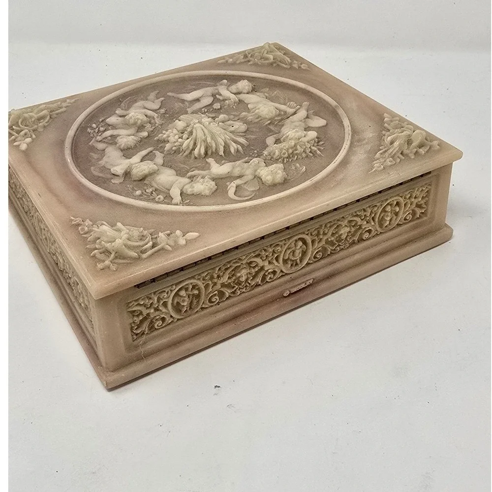 Vtg Incolay stone jewelry box Victorian cherub carved Neoclassical Romantic